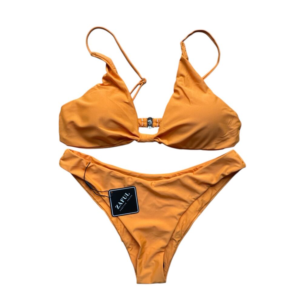 ZAFUL Bikini Set‎ Tie Knot Spaghetti Strap High Cut Orange Swimwear Women's L/8